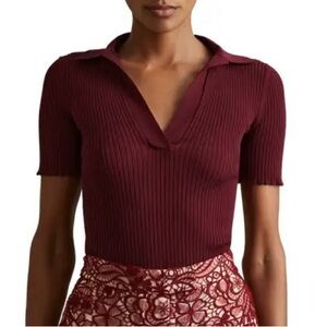 Reiss Burgundy Ribbed V-Neck Top.  Size Medium